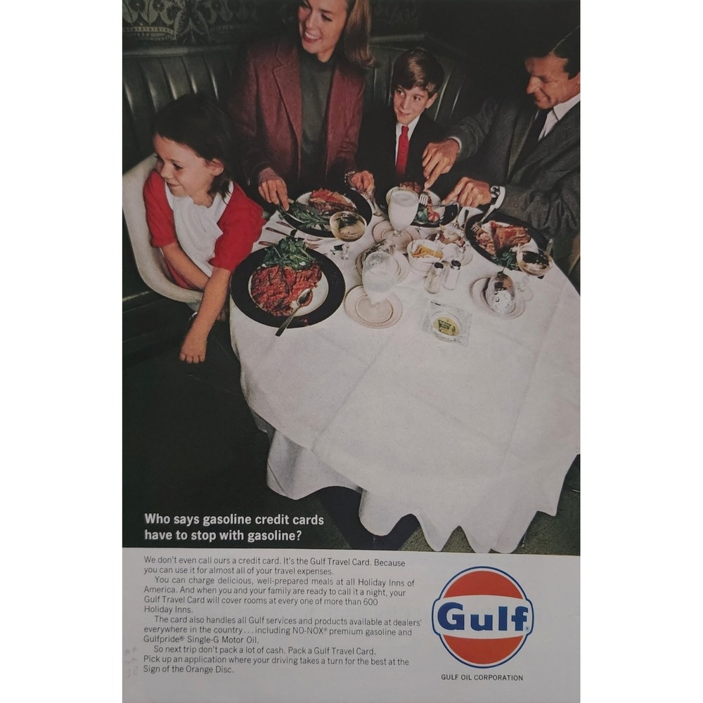 Vintage 1966 Gulf Travel Card Magazine Ad MCM Family Dining Gas Oil Print